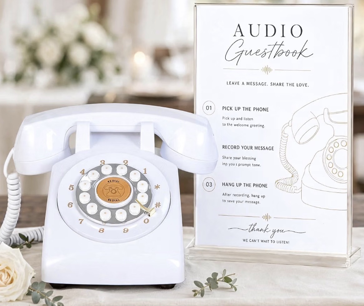 White vintage-style phone and Hot Mess Hotline party audio guestbook instructions